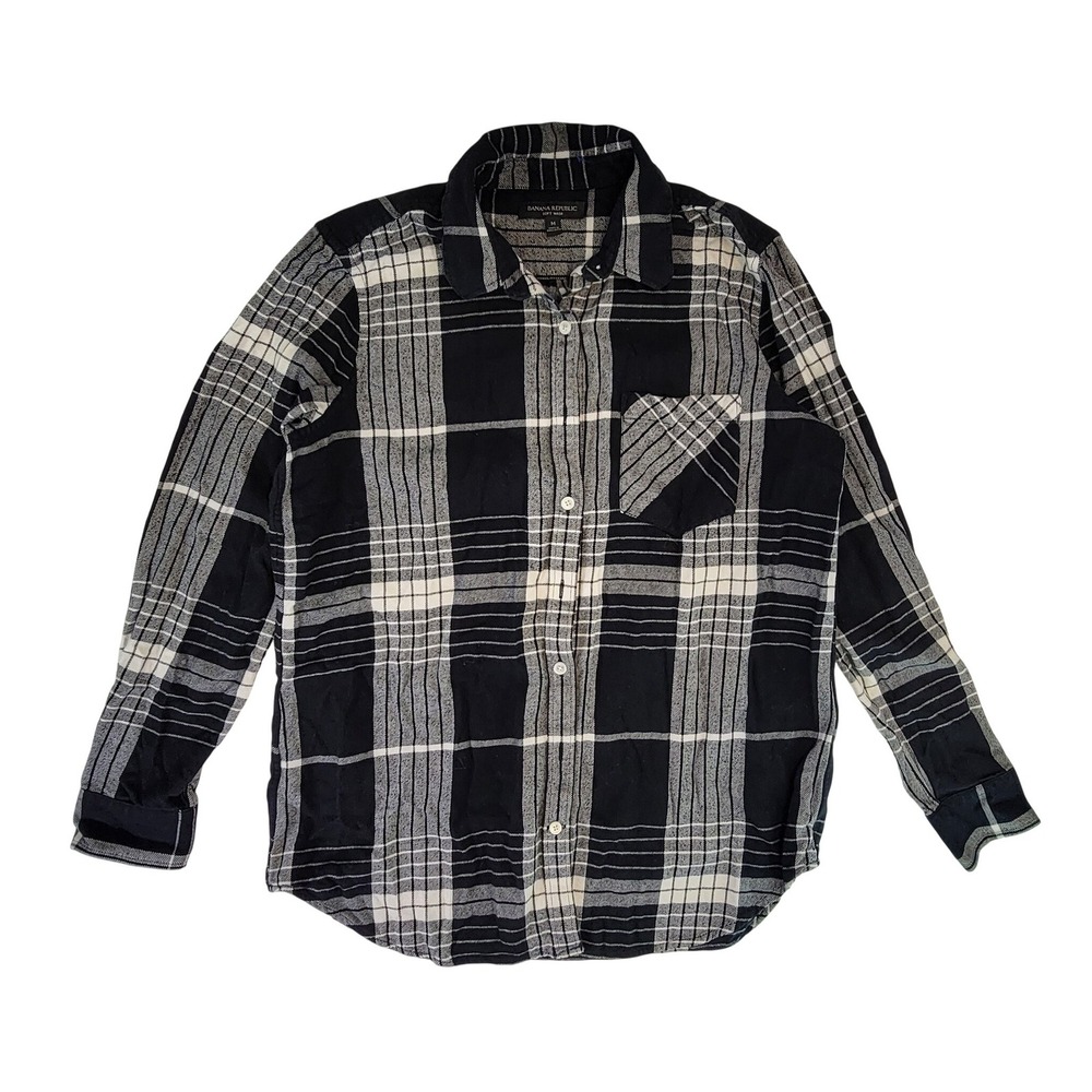Banana Republic Mens Soft Wash Plaid Button‎ Down Shirt Size M Black White